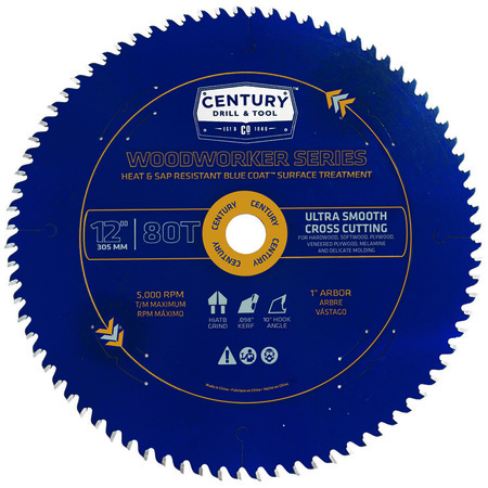 CENTURY DRILL & TOOL Circular Saw Blade Pro Wood Working 12 80T 1 Arbor Ultra Smooth Cuts 10608